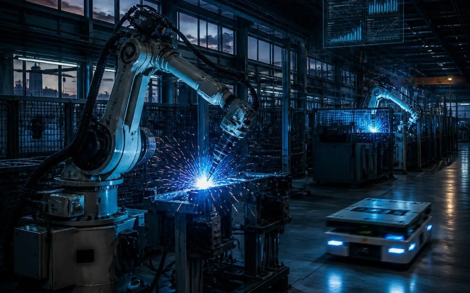 Unmanned robotic welding cell and autonomous mobile robot operating on a dark factory floor