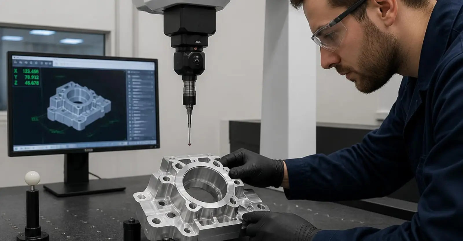 Machinist inspecting a precision machined component on a coordinate measuring machine